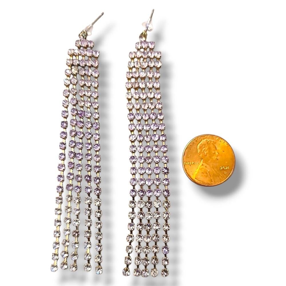 Long Purple & Silver‎ Tone Rhinestone Waterfall Chandelier Dangle Earrings 4" - Picture 3 of 7